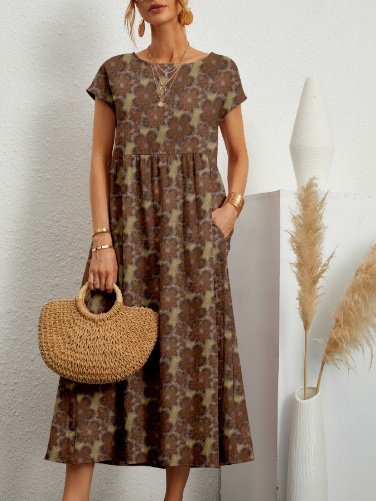 Women's Short Sleeve Summer Yellow Floral Split Joint Crew Neck Daily Going Out Vintage Maxi A-Line Tank Dress