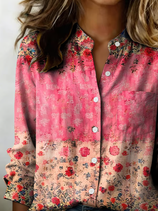 Women's Long Sleeve Shirt Spring/Fall Deep Pink Floral Stand Collar Daily Going Out Casual Top