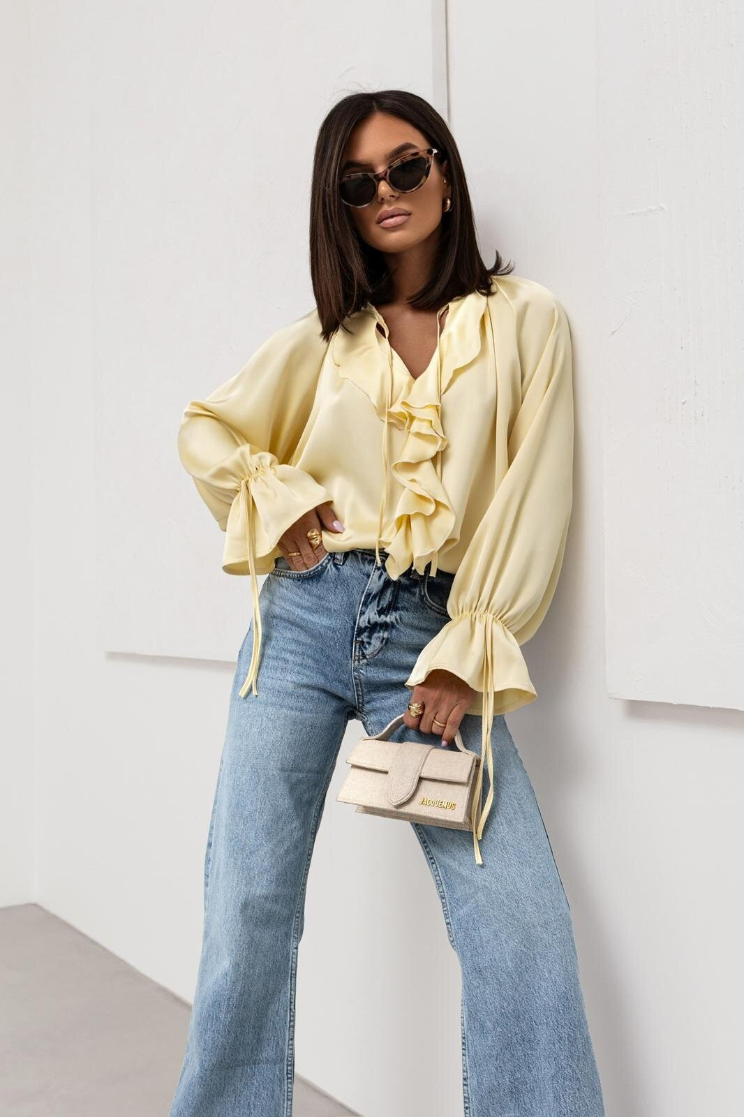 Women's Elegant Ruffled Flared Sleeve V-Neck Lace-up Blouse