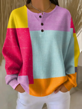 Women's Color Blocking Print Button-Up Casual Waffle Knit Sweatshirt