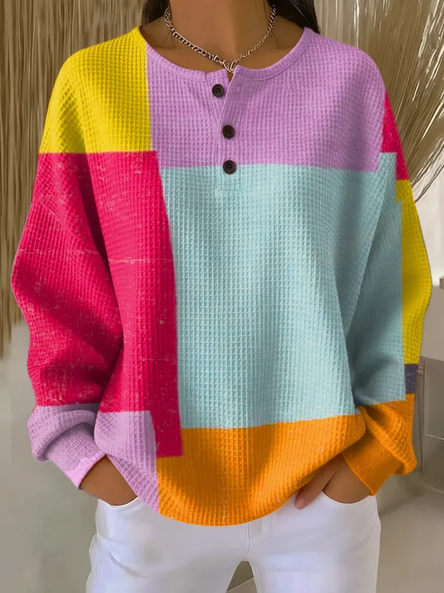 Women's Color Blocking Print Button-Up Casual Waffle Knit Sweatshirt