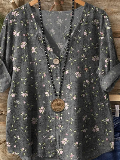 Women's Vintage Floral Art Print Button-Down Shirt