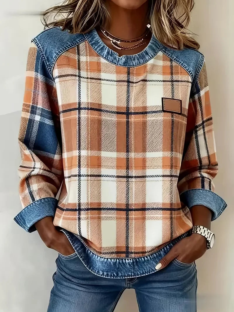 Women's Plaid Print Patchwork Denim Crewneck Long-Sleeved Sweatshirt