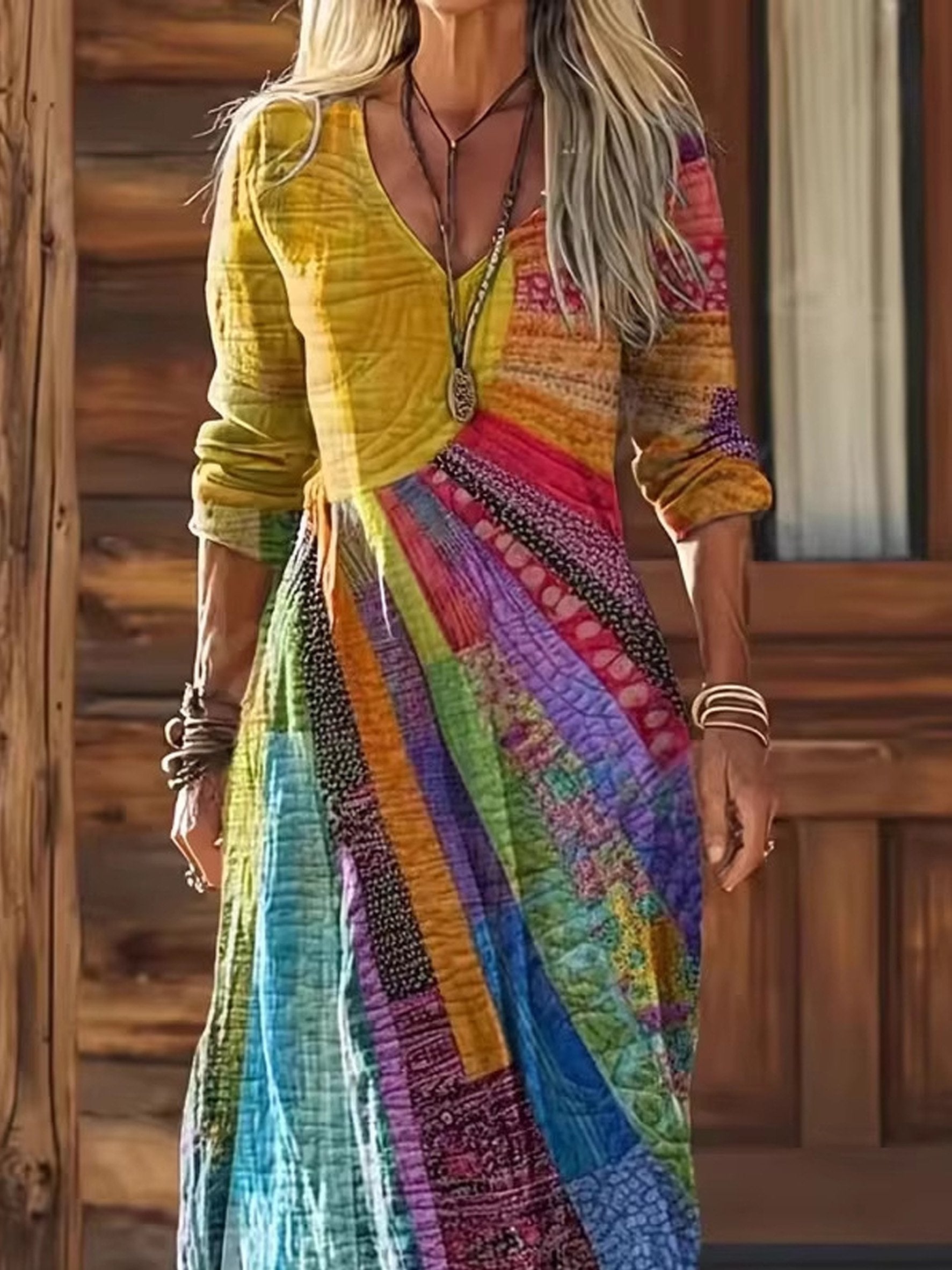 Elegant 3D Printing V Neck Long Sleeve A-Line Casual Maxi Dress