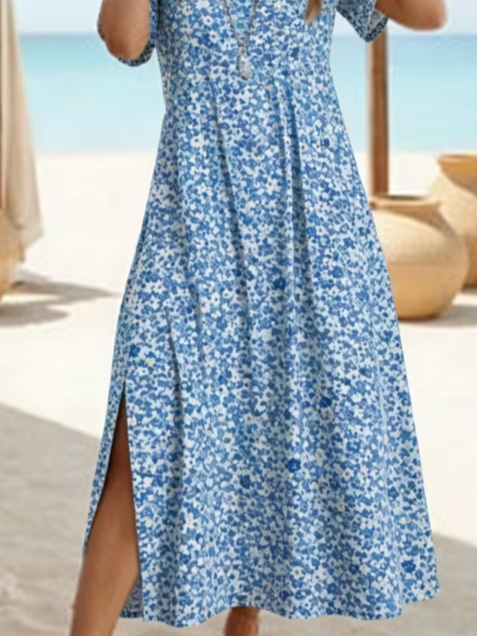 Women's Short Sleeve Summer Blue Floral Printing Crew Neck Daily Going Out Casual Maxi H-Line T-Shirt Dress Dress