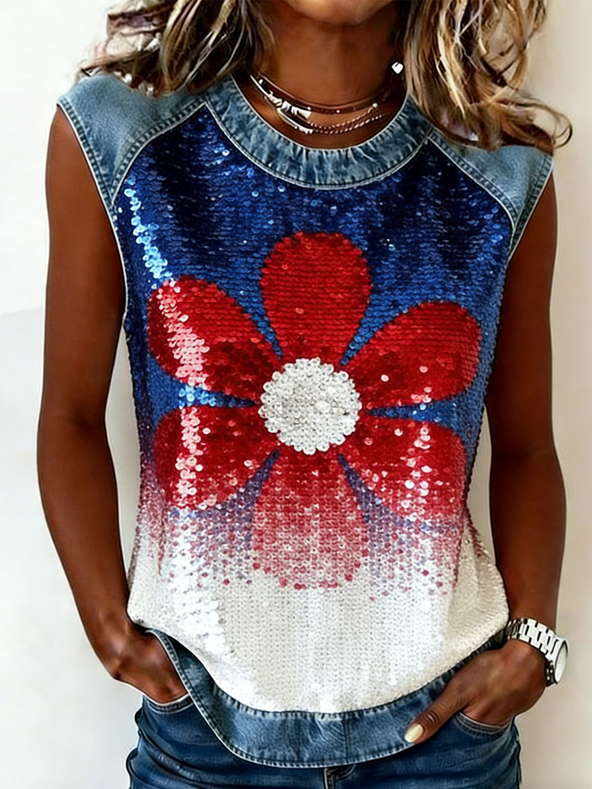 Gradient Pattern Crew Neck Loose Vintage Tank Top