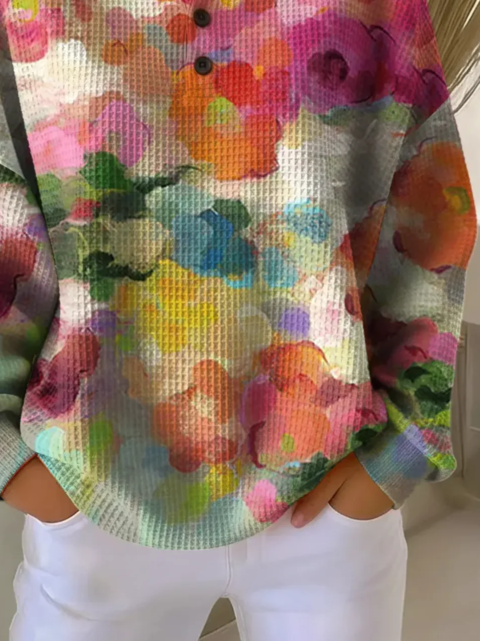 Women's Flowers Print Button-Up Casual Waffle Knit Sweatshirt