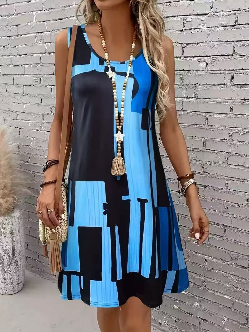 Abstract Print Crew Neck Sleeveless Going Out Casual Dress