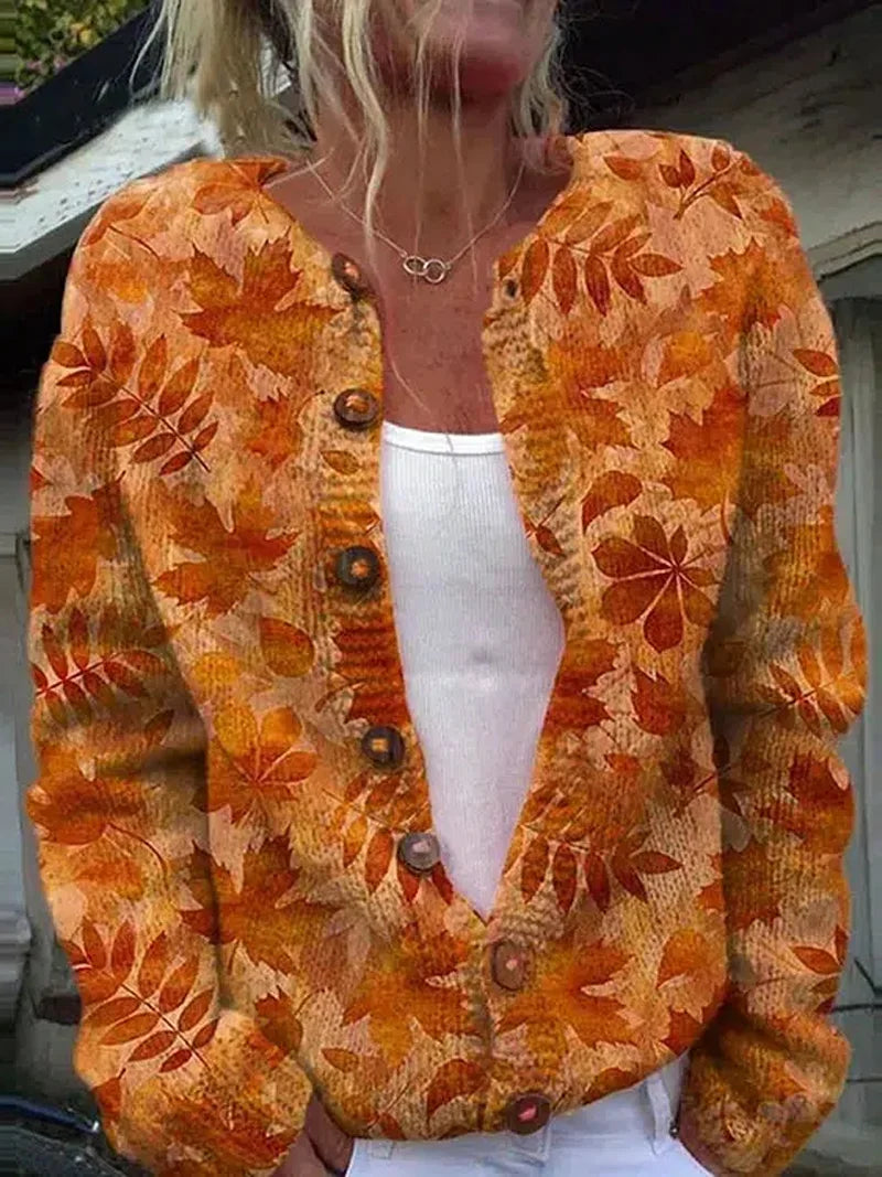 Women Casual Spring/Fall Maple leaf Polyester Buttoned Daily Loose Regular Cardigan