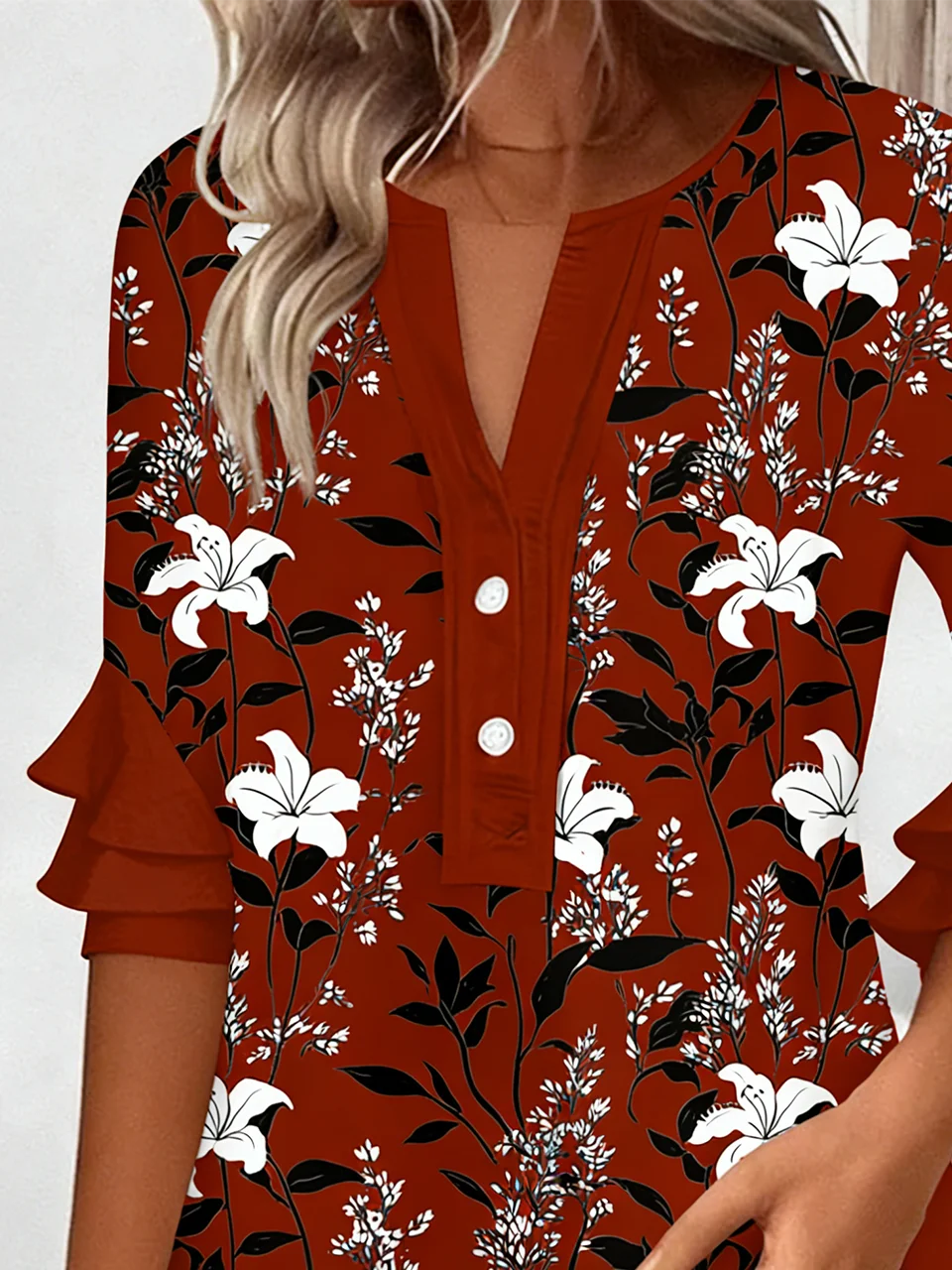 Vintage Loose Botanical Pattern V Neck Shirt