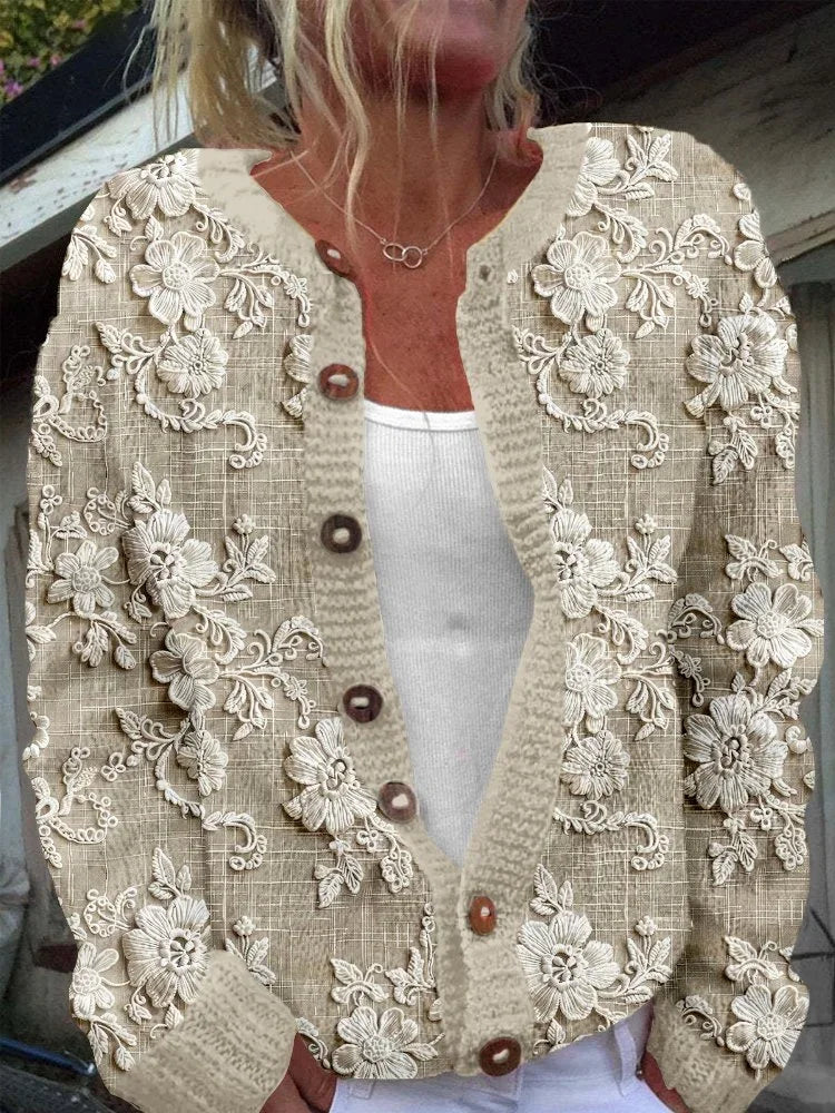 Women's Floral Print Casual Long Sleeve Button Cardigan Sweater