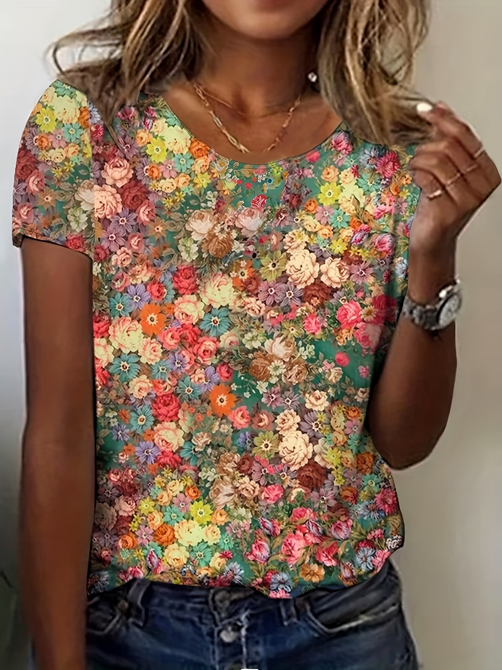 Women's Short Sleeve T-shirt Summer As Picture Floral Printing Jersey Crew Neck Daily Going Out Casual Top