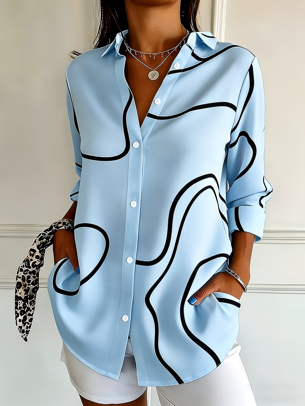 Women's Long Sleeve Shirt Spring/Fall Blue Abstract Buckle Shirt Collar Regular Sleeve Daily Going Out Casual Top