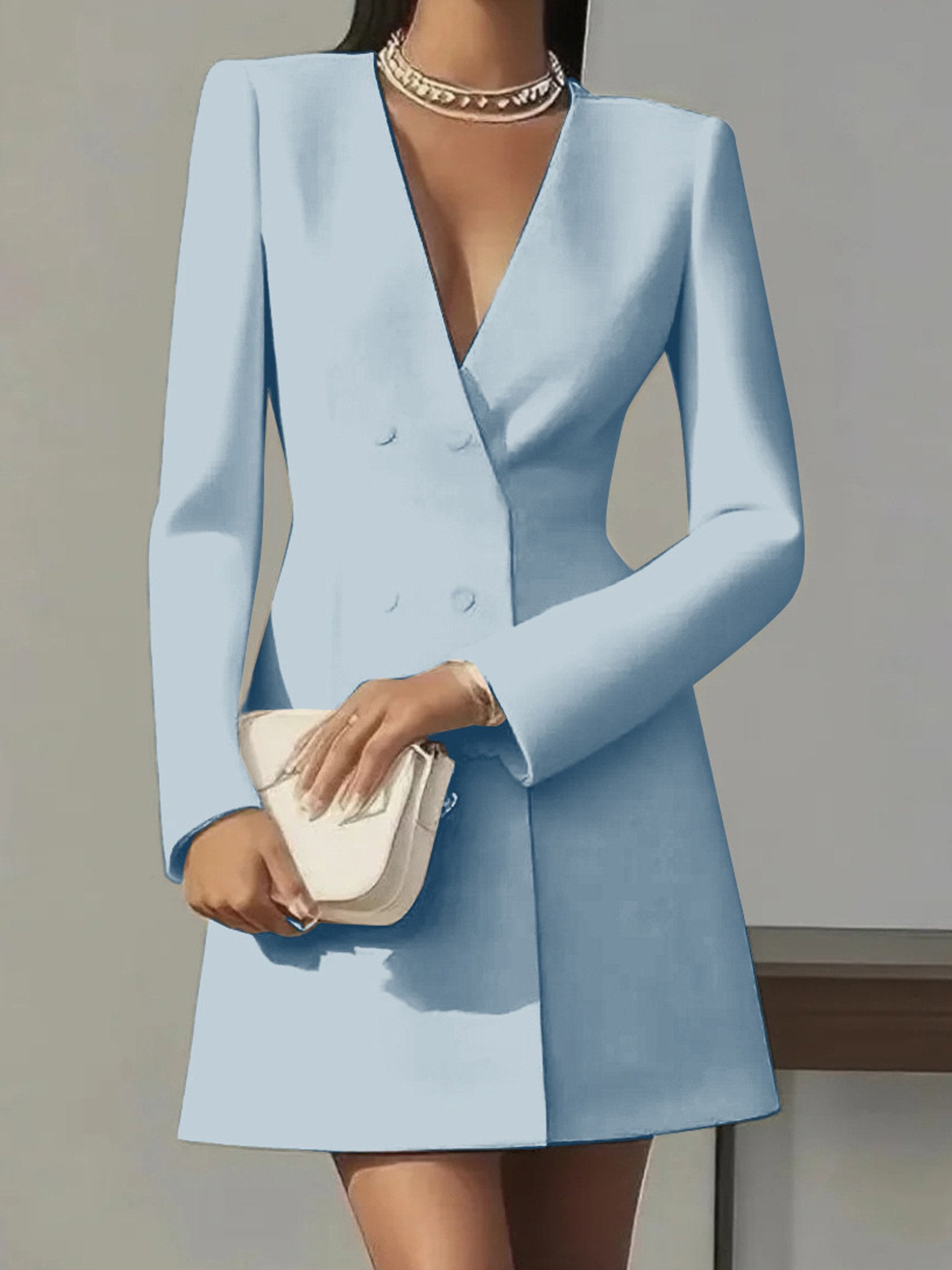 Elegant Long Sleeved Double-Breasted Plain V-neck Suit French Dress