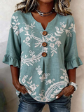 Women's Half Sleeve Blouse Summer Blue Floral Printing V Neck Daily Going Out Vintage Top
