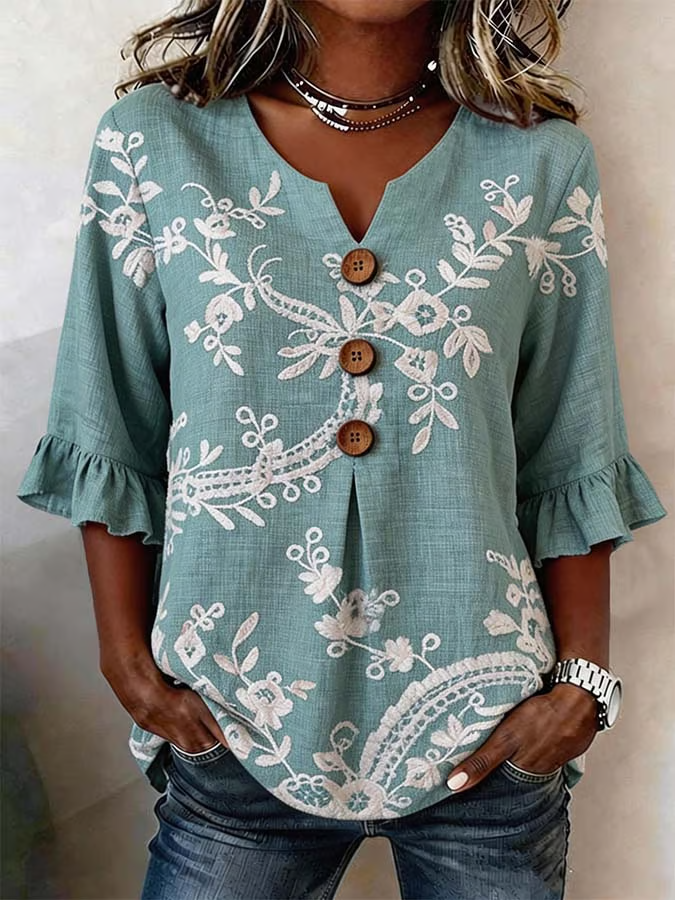 Women's Half Sleeve Blouse Summer Blue Floral Printing V Neck Daily Going Out Vintage Top