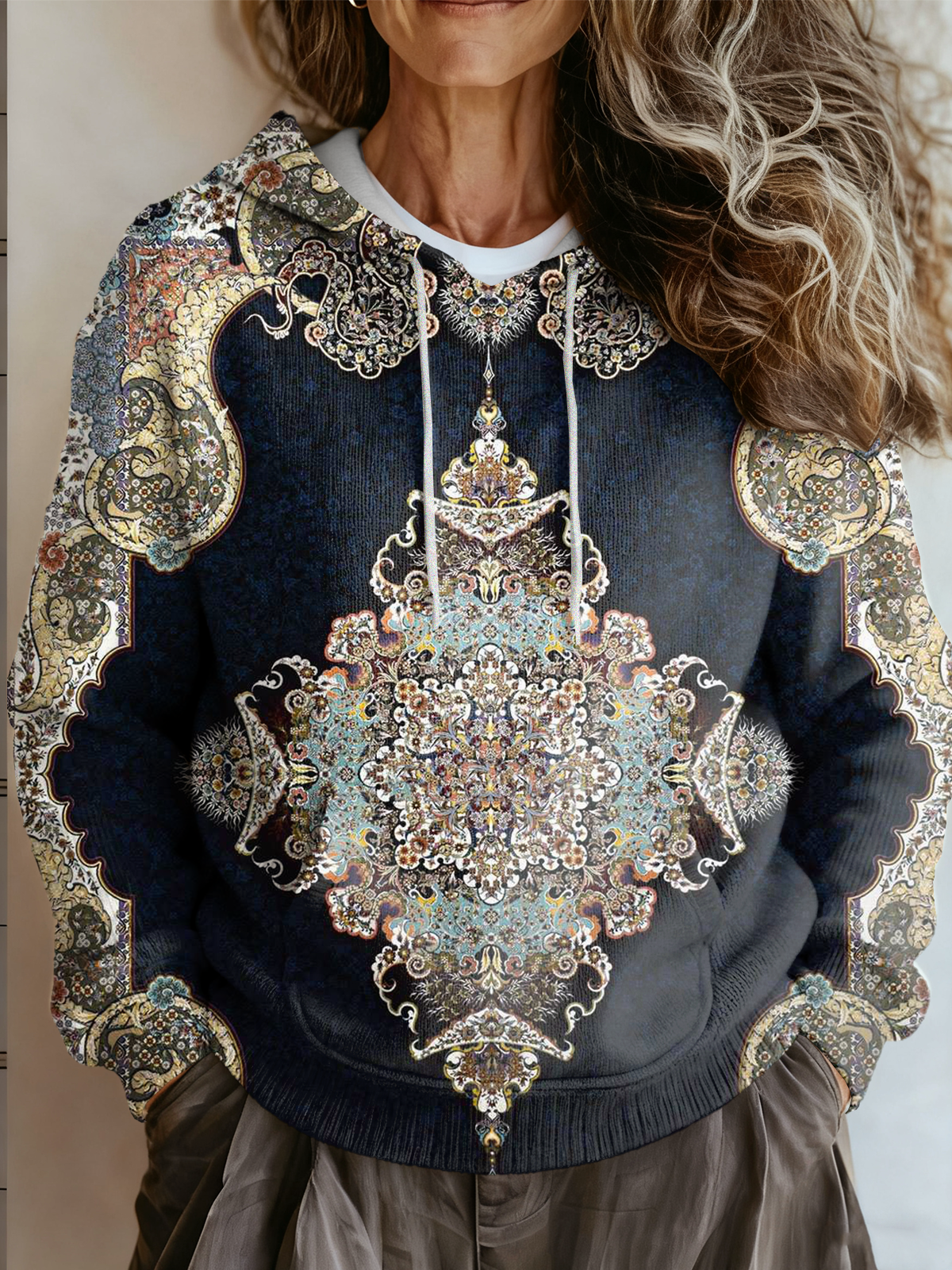 Women Ethnic Hoodie Daily Loose Long Sleeve H-Line Sweatshirt