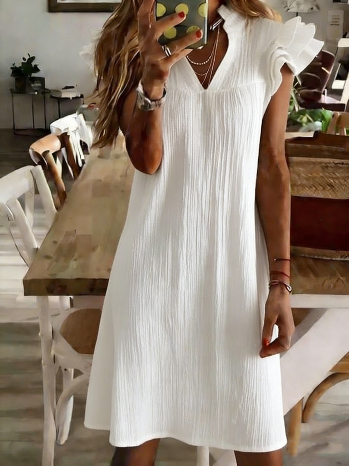 Ruffle Sleeve Plain Vintage Dress With No