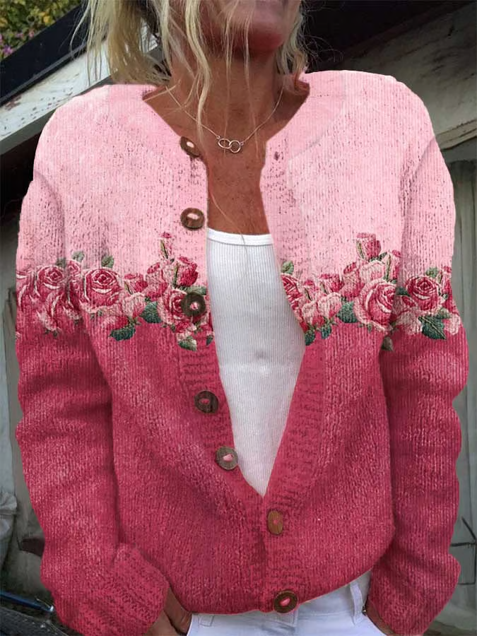 Women's Floral Print Casual Long Sleeve Button Cardigan Sweater