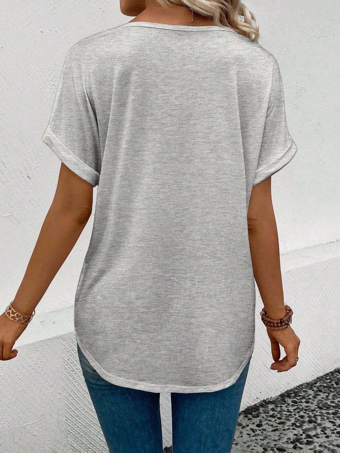 Women's Short Sleeve T-shirt Summer Light Gray Plain Split Joint Cotton-Blend V Neck Daily Going Out Casual Top
