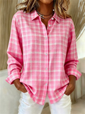 Women's Long Sleeve Shirt Spring/Fall Pink Plaid Buckle Shirt Collar Regular Sleeve Daily Going Out Casual Top