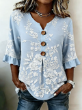 Women's Half Sleeve Blouse Summer Blue Floral Printing V Neck Daily Going Out Vintage Top