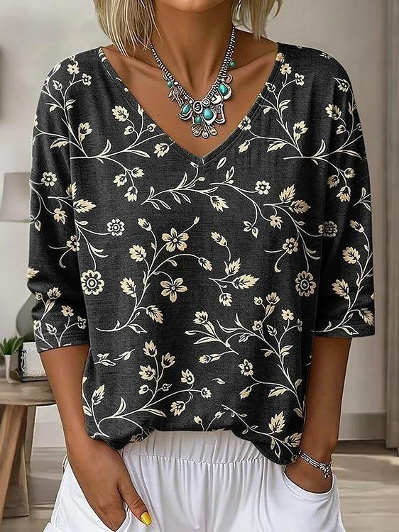 Floral V Neck Vintage T-Shirt