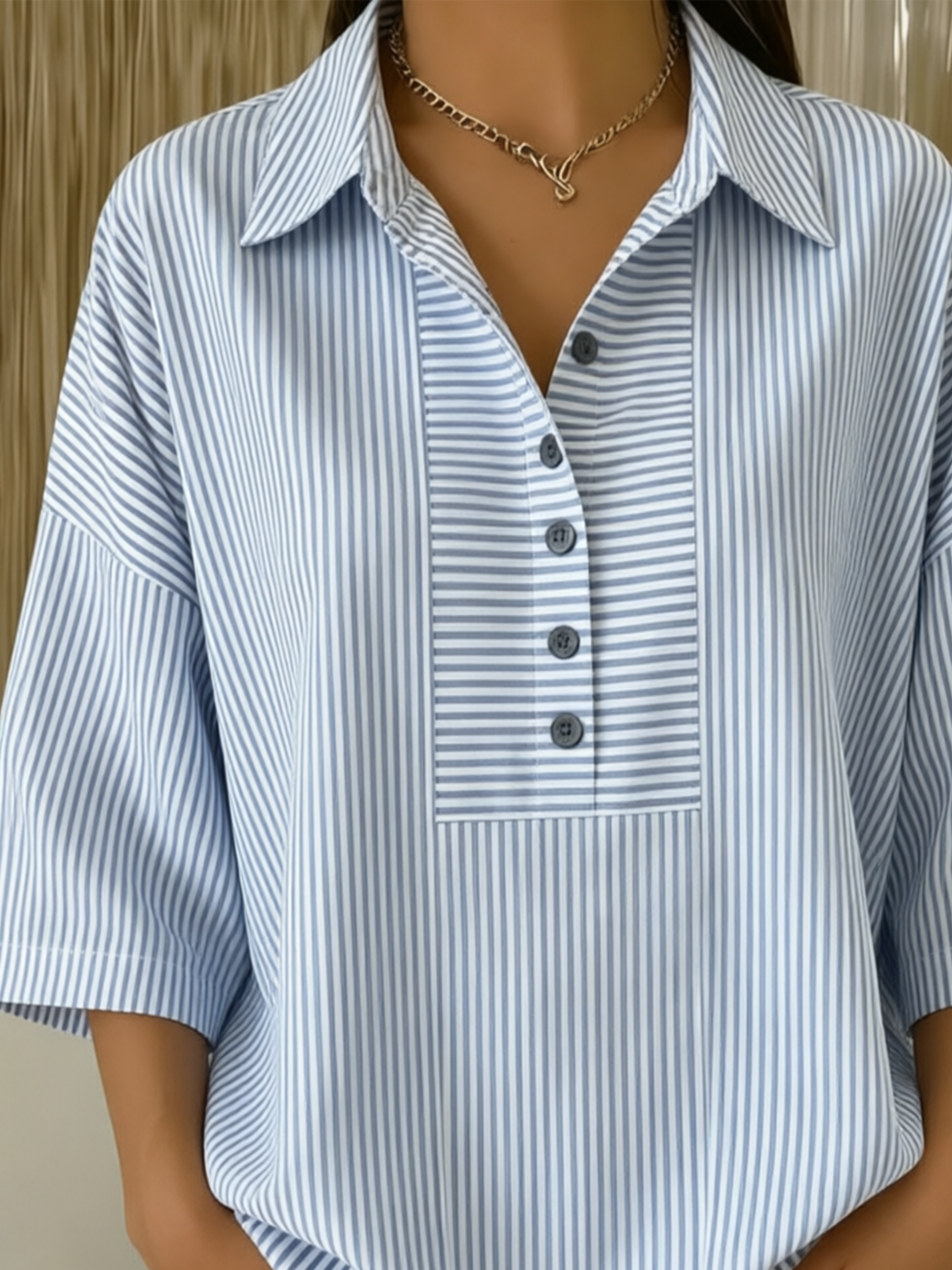 Crew Neck Striped Elegant Loose Shirt