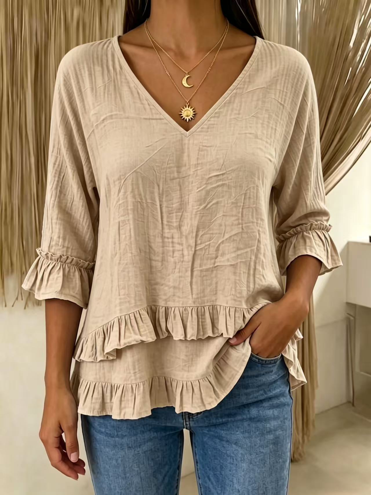 Casual Cotton And Linen V Neck The Quarter Sleeve Ruffle Hem Daily Going Out Casual Top