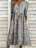 Vintage Loose Botanical Pattern Half Open Collar Dress With No