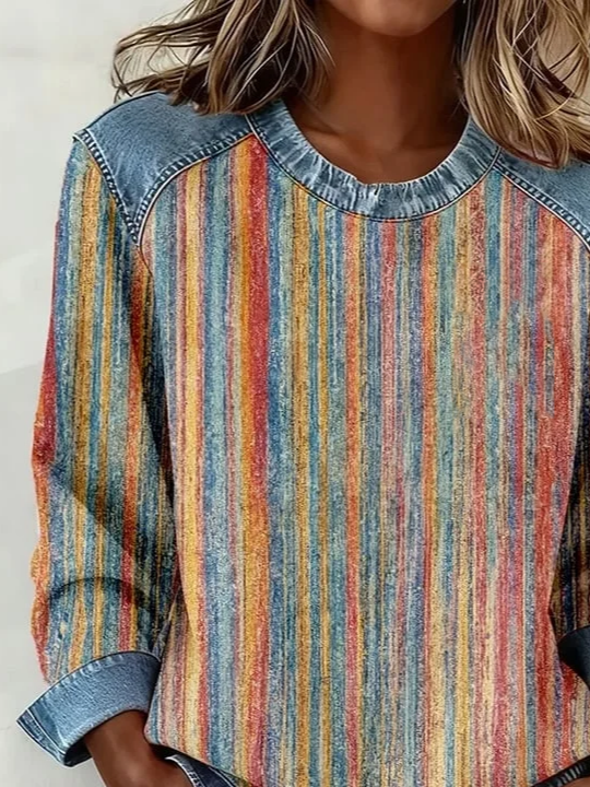 Women's Abstract Stripes Print Patchwork Denim Crewneck Long-Sleeved Sweatshirt