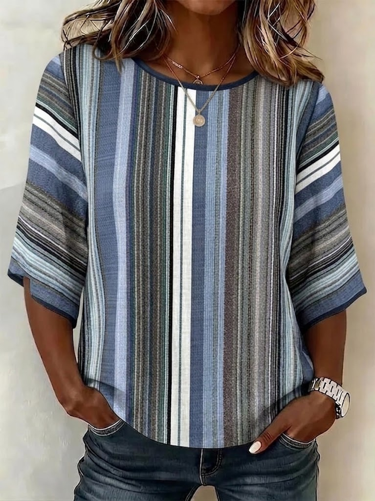 Simple Striped Abstract Graphic Print Crew Neck Casual Loose Top