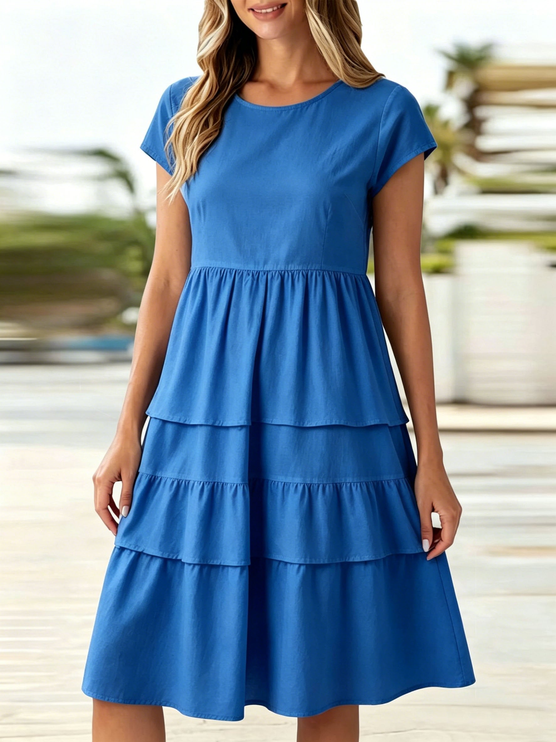 Regular Fit Cotton-Like Crease Casual Crew Neck Cap Sleeve Plain Ruffle Hem Dress With No