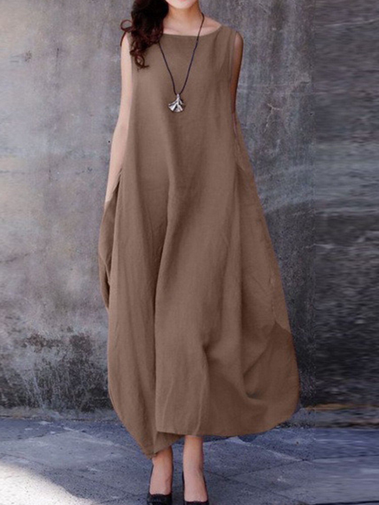 Casual Plain Crew Neck Maxi Dress
