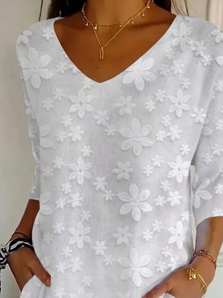 Women's Three Quarter Sleeve T-shirt Spring/Fall White Floral Printing V Neck Daily Going Out Casual Top