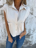 Women's Short Sleeve Shirt Summer Khaki Plain Buckle Cotton Shawl Collar Daily Going Out Casual Top