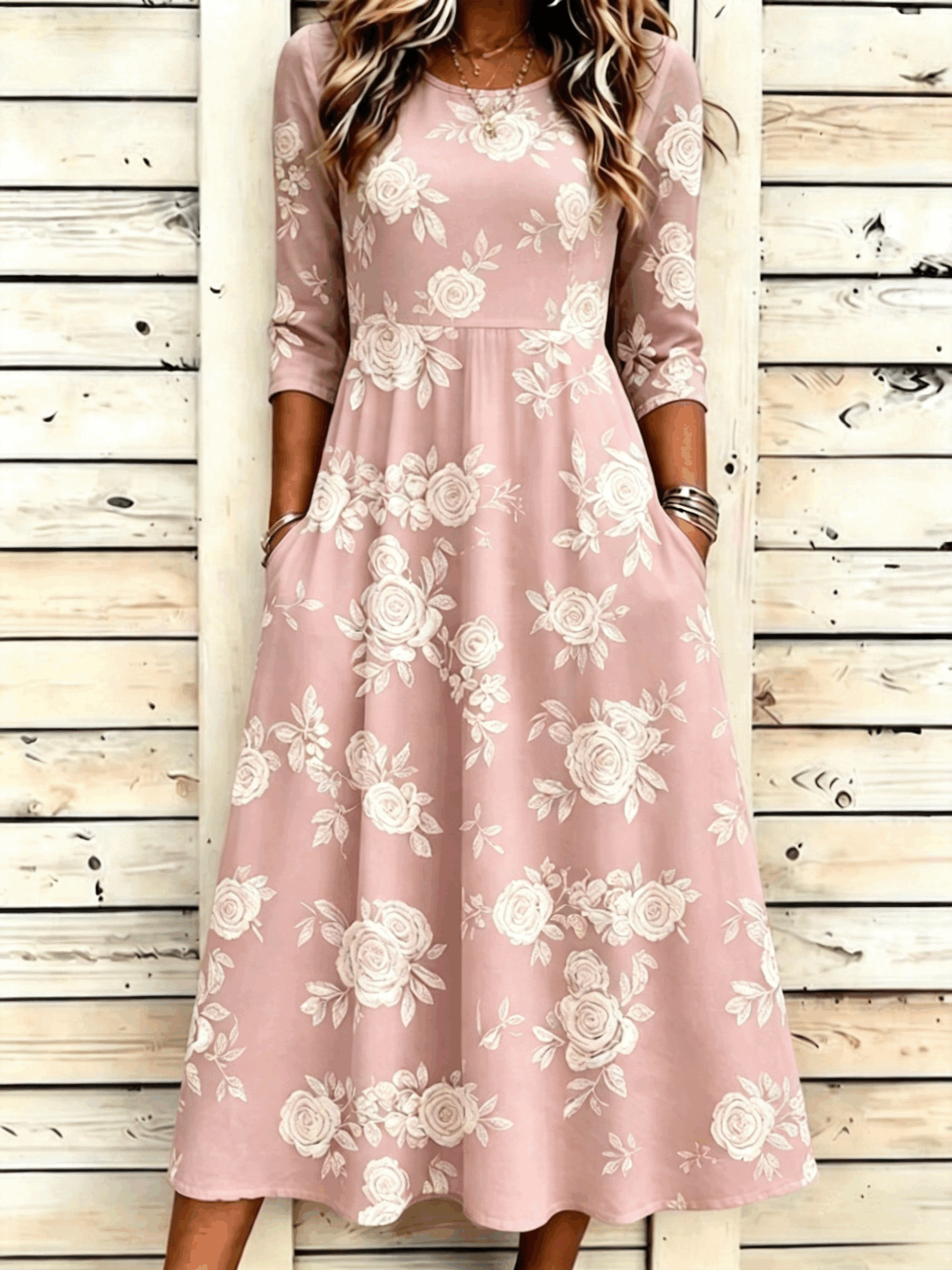 Floral Crew Neck Regular Fit Casual Dress With No