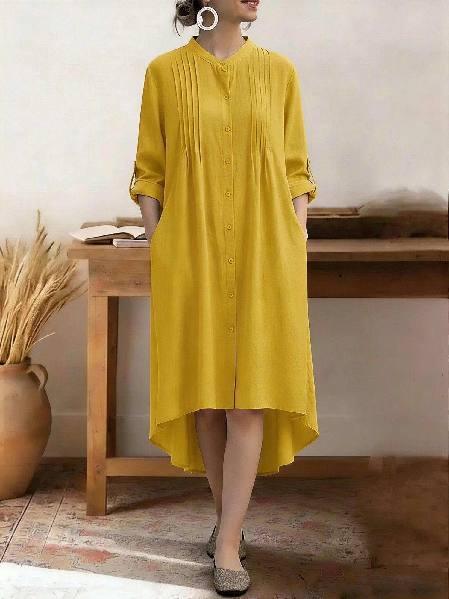 Casual Plain Stand Collar Midi Dress