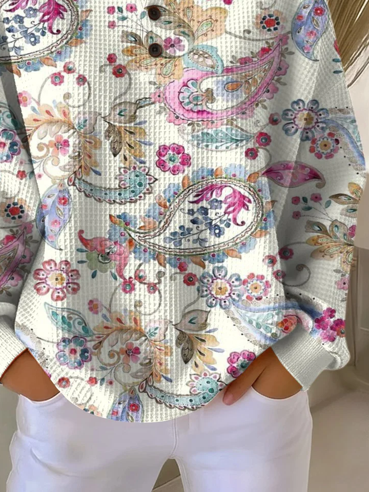 Women's Flowers Print Button-Up Casual Waffle Knit Sweatshirt