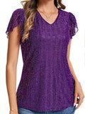 Women's Glitter V Neck Short Sleeve Top Summer Going Out Party Elegant T-Shirt