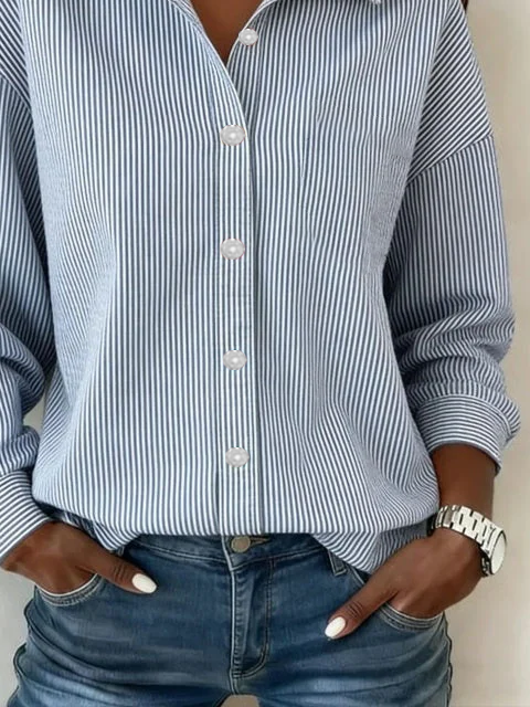 Women's Long Sleeve Shirt Spring/Fall Blue Striped Buckle Shirt Collar Daily Going Out Casual Top