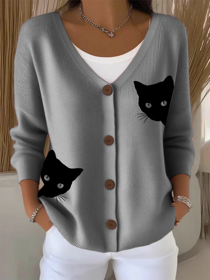 Women's Cute Cat Print Casual Cardigan