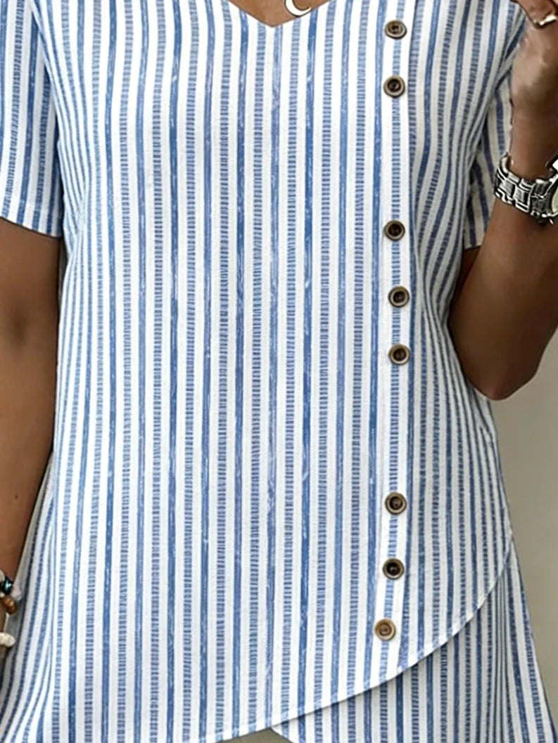 Striped Cotton And Linen Elegant V Neck Shirt