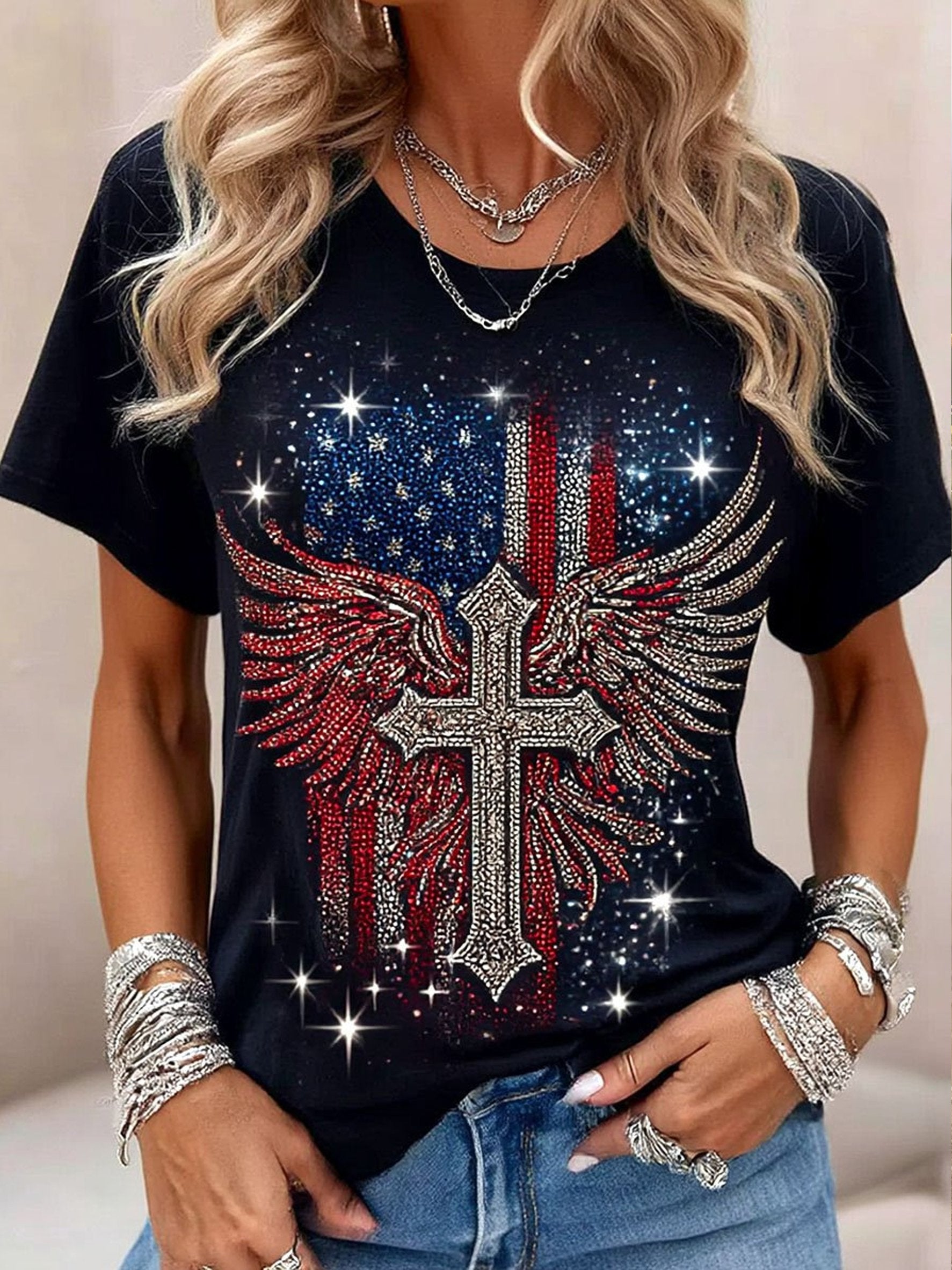3D Printing Crew Neck Short Sleeve Casual America Flag T-Shirt