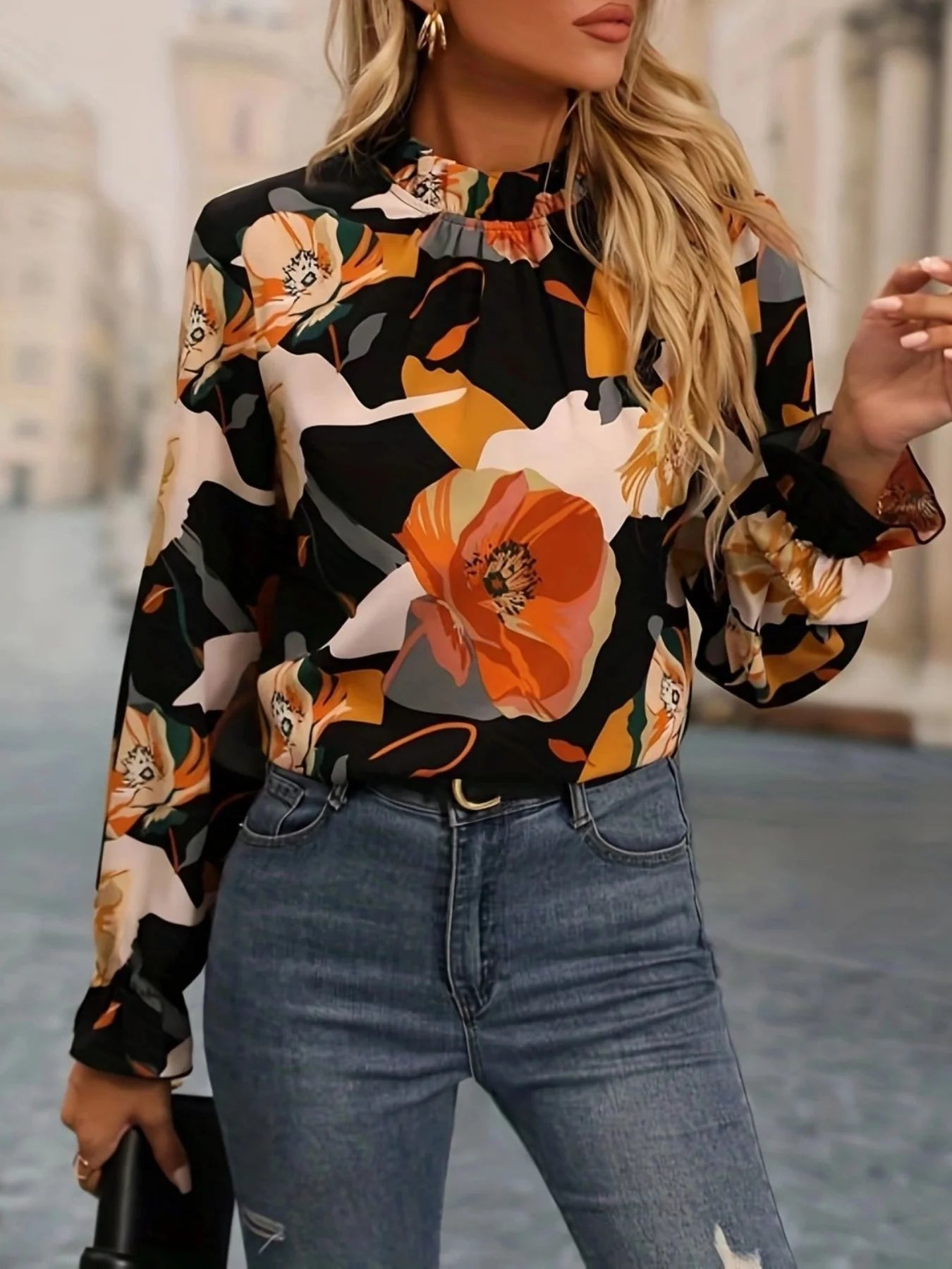 Women's Long Sleeve Shirt Spring/Fall flower Floral Split Joint Mock Neck Daily Going Out Casual Top