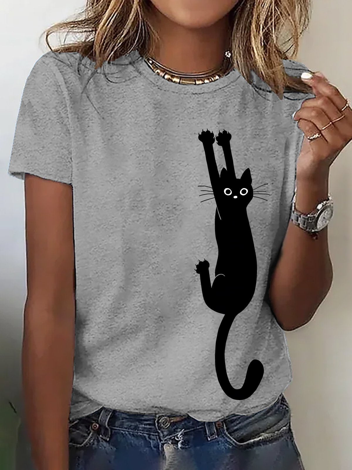 Black Cat Holding On Cotton T-shirt