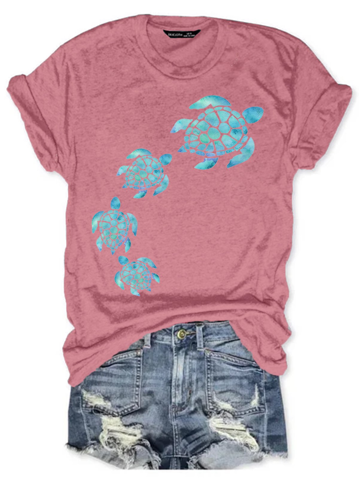 Womens Sea Turtle Watercolor Blue Print Casual T-Shirt