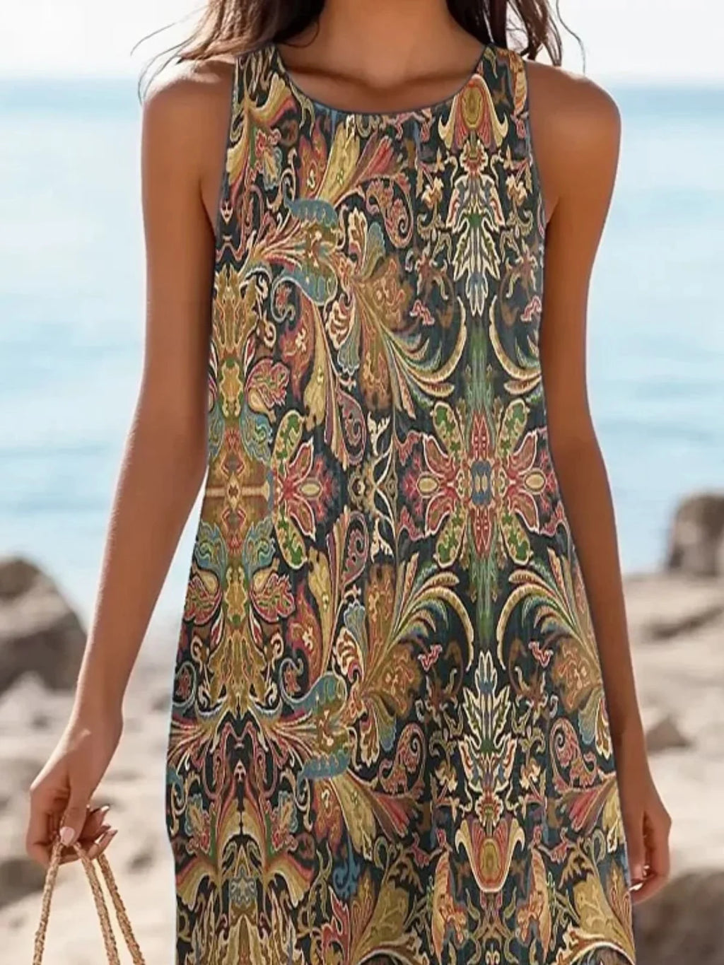 Vintage Boho Paisley Sleeveless Maxi Dress - Casual Summer Beach Sundress