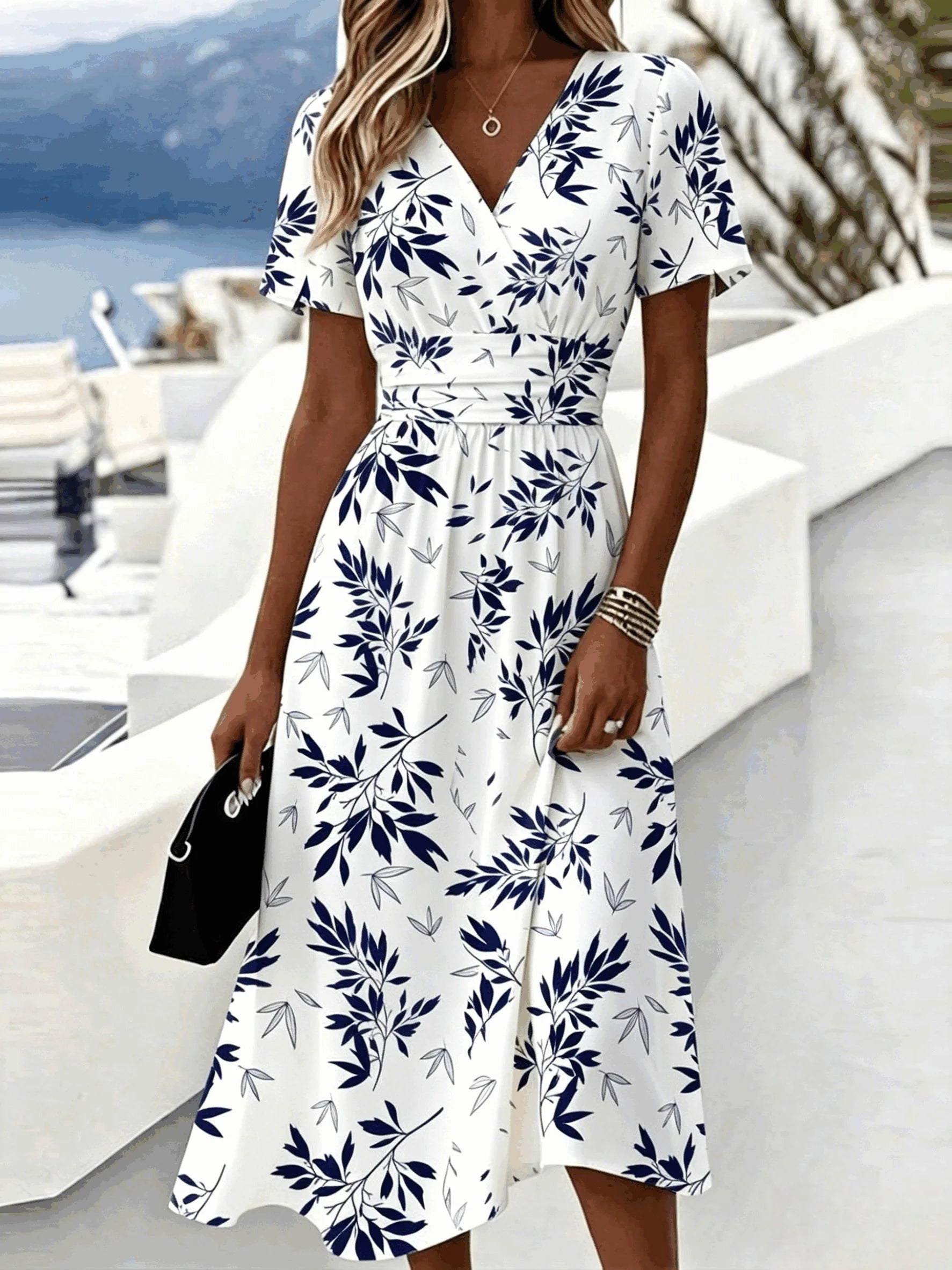 Leaf Print Wrap V Neck Midi Dress Short Sleeve High Waist A Line Flowy Casual Dress
