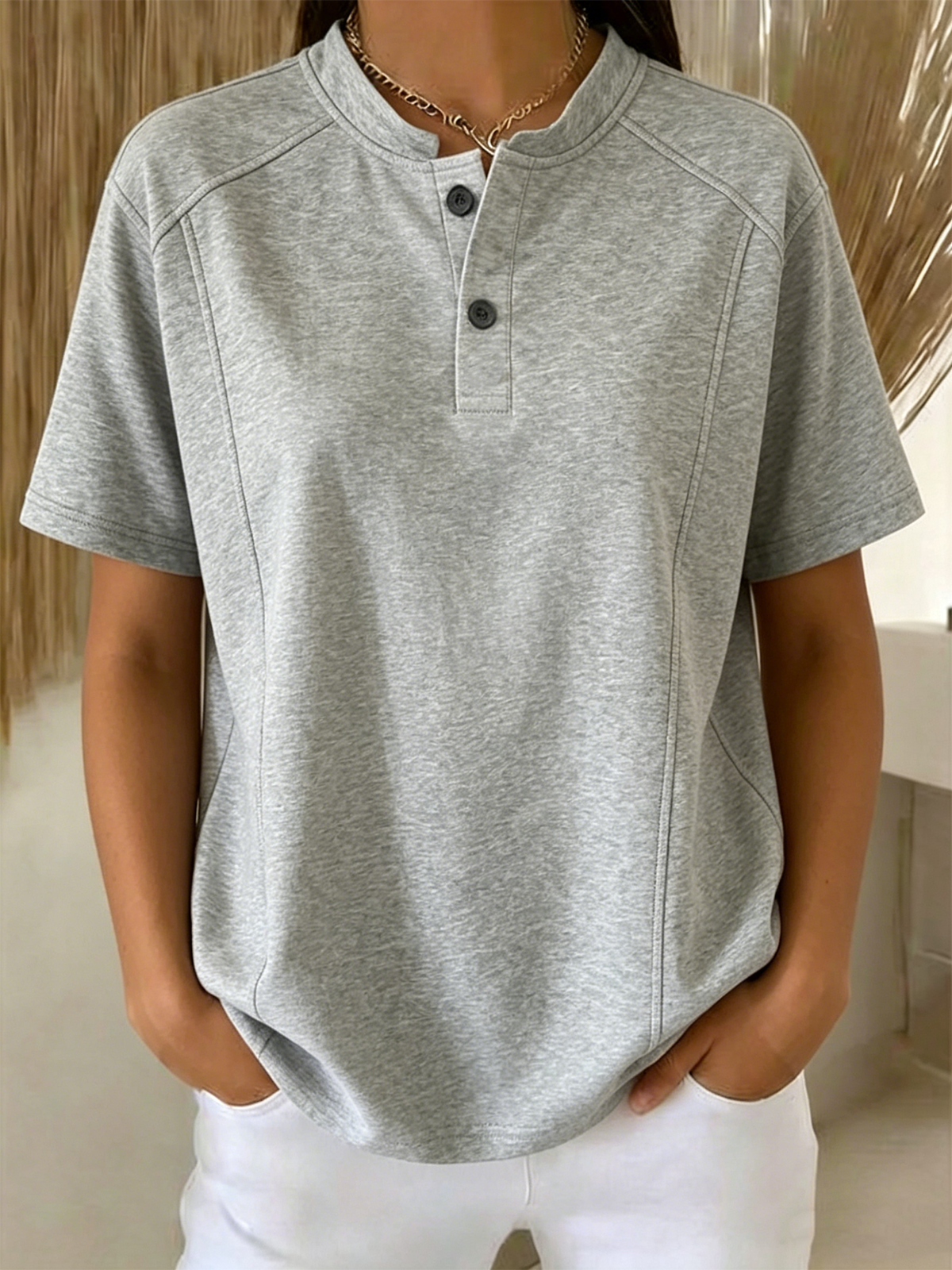 Polyester Cotton Henley Collar Plain Casual T-Shirt